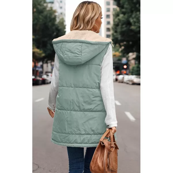 ECOWISH Women Long Puffer Vest Fall Zip up Reversible Fleece Jacket 2024 Winter Warm Sleeveless Hooded Coat with PocketsGrey Green