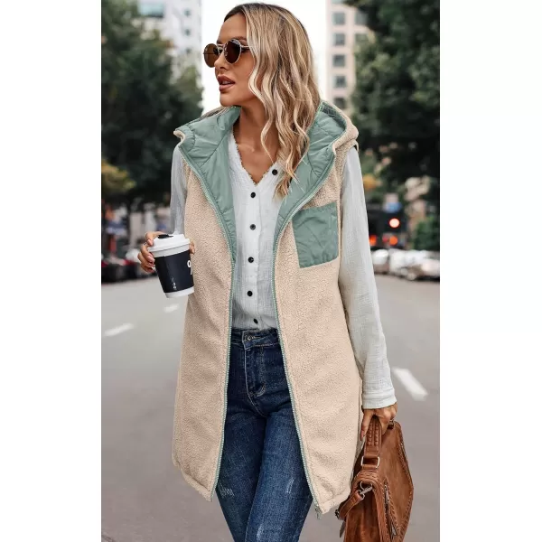 ECOWISH Women Long Puffer Vest Fall Zip up Reversible Fleece Jacket 2024 Winter Warm Sleeveless Hooded Coat with PocketsGrey Green