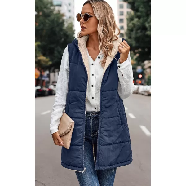 ECOWISH Women Long Puffer Vest Fall Zip up Reversible Fleece Jacket 2024 Winter Warm Sleeveless Hooded Coat with PocketsNavy Blue