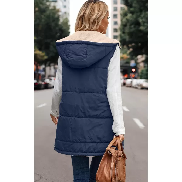 ECOWISH Women Long Puffer Vest Fall Zip up Reversible Fleece Jacket 2024 Winter Warm Sleeveless Hooded Coat with PocketsNavy Blue