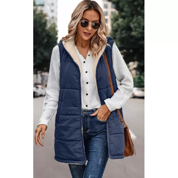 ECOWISH Women Long Puffer Vest Fall Zip up Reversible Fleece Jacket 2024 Winter Warm Sleeveless Hooded Coat with PocketsNavy Blue