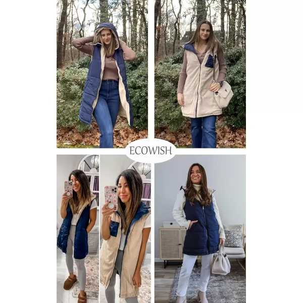 ECOWISH Women Long Puffer Vest Fall Zip up Reversible Fleece Jacket 2024 Winter Warm Sleeveless Hooded Coat with PocketsNavy Blue