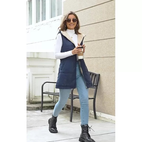 ECOWISH Women Long Puffer Vest Fall Zip up Reversible Fleece Jacket 2024 Winter Warm Sleeveless Hooded Coat with PocketsNavy Blue