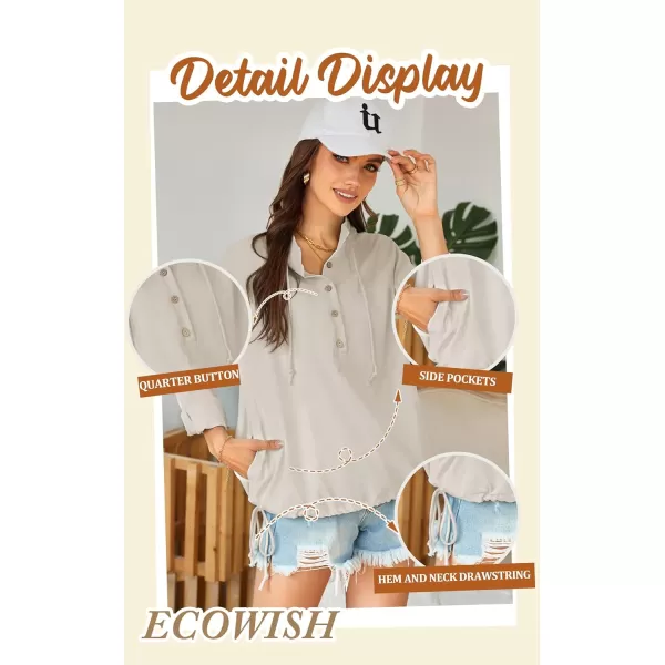 ECOWISH Women Long Sleeve Tops Casual Fall Button Down Shirts Trendy V Neck Blouses Spring Pocket Pullovers Fashion OutfitsBeige