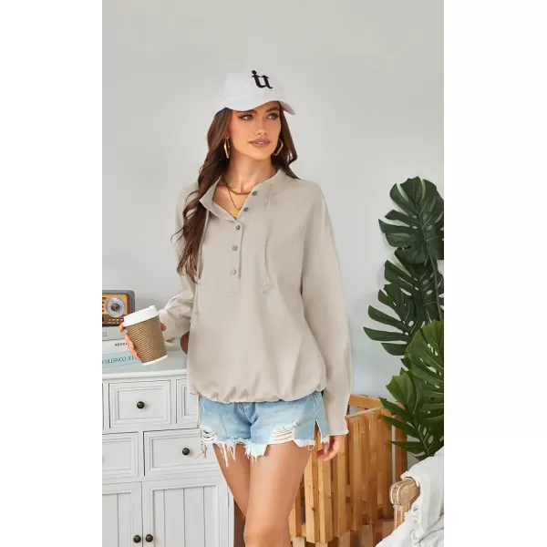 ECOWISH Women Long Sleeve Tops Casual Fall Button Down Shirts Trendy V Neck Blouses Spring Pocket Pullovers Fashion OutfitsBeige