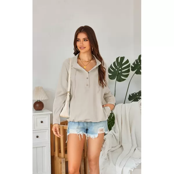 ECOWISH Women Long Sleeve Tops Casual Fall Button Down Shirts Trendy V Neck Blouses Spring Pocket Pullovers Fashion OutfitsBeige