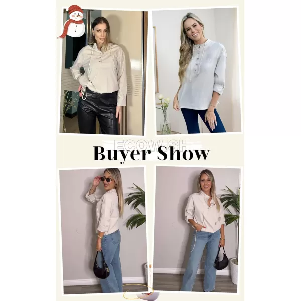 ECOWISH Women Long Sleeve Tops Casual Fall Button Down Shirts Trendy V Neck Blouses Spring Pocket Pullovers Fashion OutfitsBeige