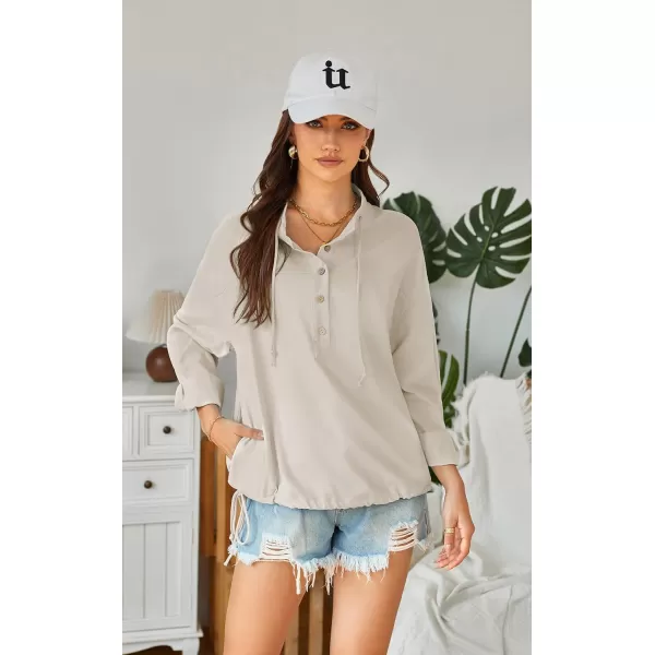 ECOWISH Women Long Sleeve Tops Casual Fall Button Down Shirts Trendy V Neck Blouses Spring Pocket Pullovers Fashion OutfitsBeige