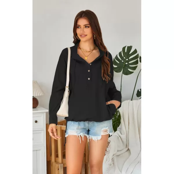 ECOWISH Women Long Sleeve Tops Casual Fall Button Down Shirts Trendy V Neck Blouses Spring Pocket Pullovers Fashion OutfitsBlack