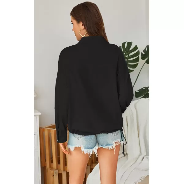 ECOWISH Women Long Sleeve Tops Casual Fall Button Down Shirts Trendy V Neck Blouses Spring Pocket Pullovers Fashion OutfitsBlack