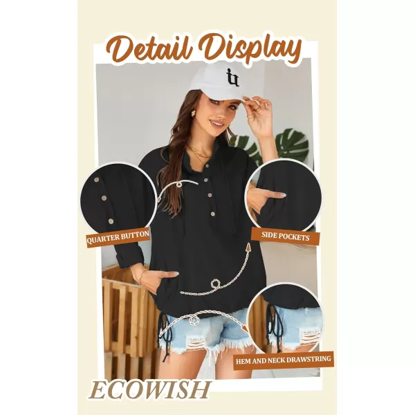 ECOWISH Women Long Sleeve Tops Casual Fall Button Down Shirts Trendy V Neck Blouses Spring Pocket Pullovers Fashion OutfitsBlack