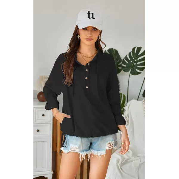 ECOWISH Women Long Sleeve Tops Casual Fall Button Down Shirts Trendy V Neck Blouses Spring Pocket Pullovers Fashion OutfitsBlack