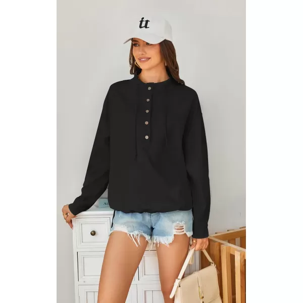 ECOWISH Women Long Sleeve Tops Casual Fall Button Down Shirts Trendy V Neck Blouses Spring Pocket Pullovers Fashion OutfitsBlack
