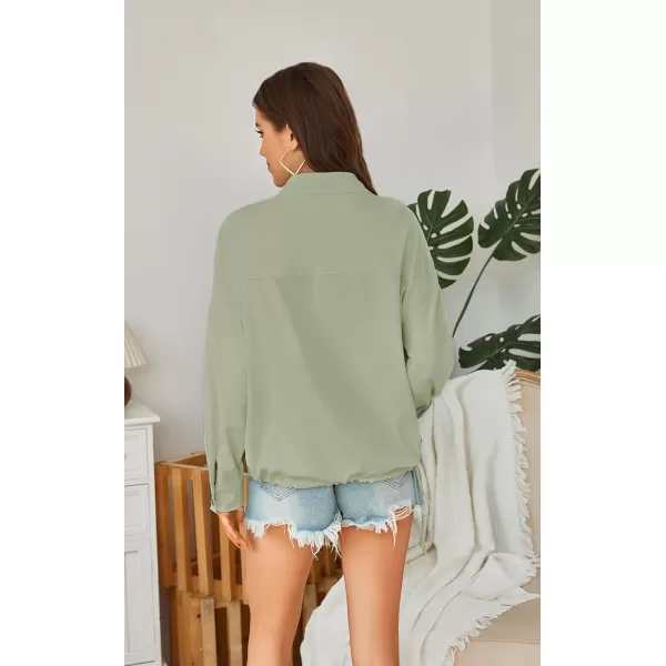 ECOWISH Women Long Sleeve Tops Casual Fall Button Down Shirts Trendy V Neck Blouses Spring Pocket Pullovers Fashion OutfitsGreen