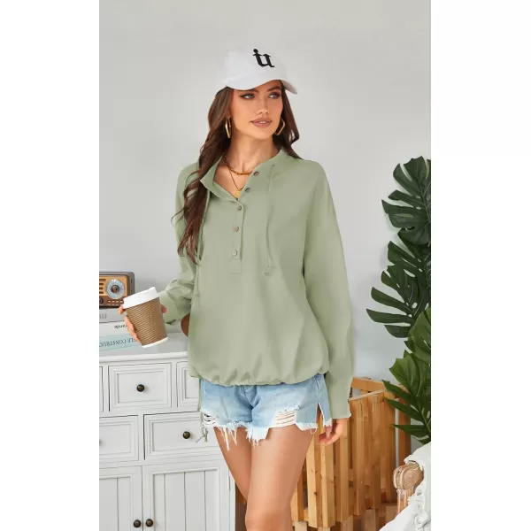 ECOWISH Women Long Sleeve Tops Casual Fall Button Down Shirts Trendy V Neck Blouses Spring Pocket Pullovers Fashion OutfitsGreen
