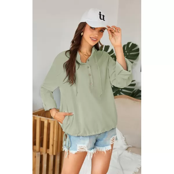 ECOWISH Women Long Sleeve Tops Casual Fall Button Down Shirts Trendy V Neck Blouses Spring Pocket Pullovers Fashion OutfitsGreen