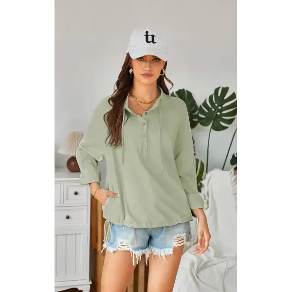 ECOWISH Women Long Sleeve Tops Casual Fall Button Down Shirts Trendy V Neck Blouses Spring Pocket Pullovers Fashion OutfitsGreen