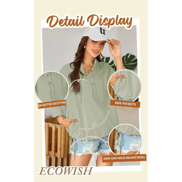 ECOWISH Women Long Sleeve Tops Casual Fall Button Down Shirts Trendy V Neck Blouses Spring Pocket Pullovers Fashion OutfitsGreen