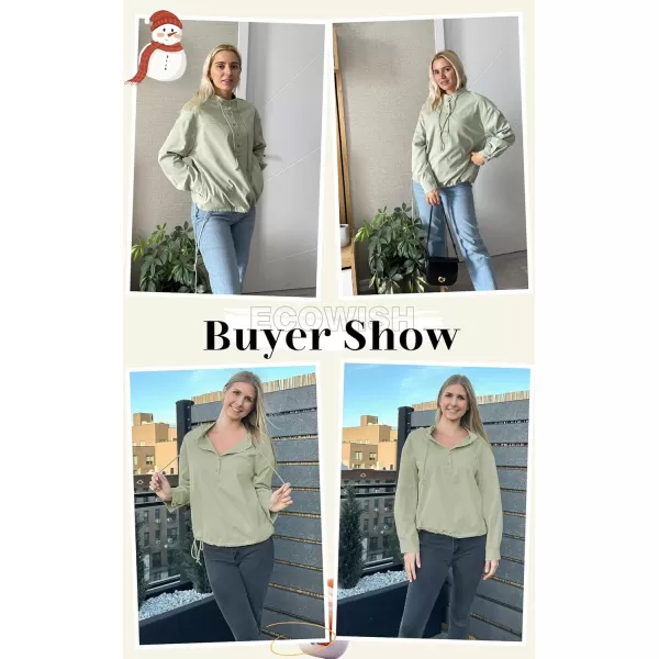 ECOWISH Women Long Sleeve Tops Casual Fall Button Down Shirts Trendy V Neck Blouses Spring Pocket Pullovers Fashion OutfitsGreen
