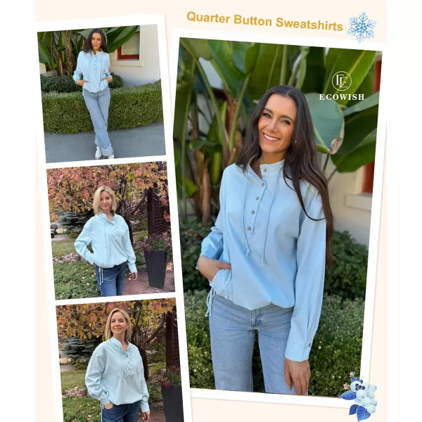 ECOWISH Women Long Sleeve Tops Casual Fall Button Down Shirts Trendy V Neck Blouses Spring Pocket Pullovers Fashion OutfitsSky Blue