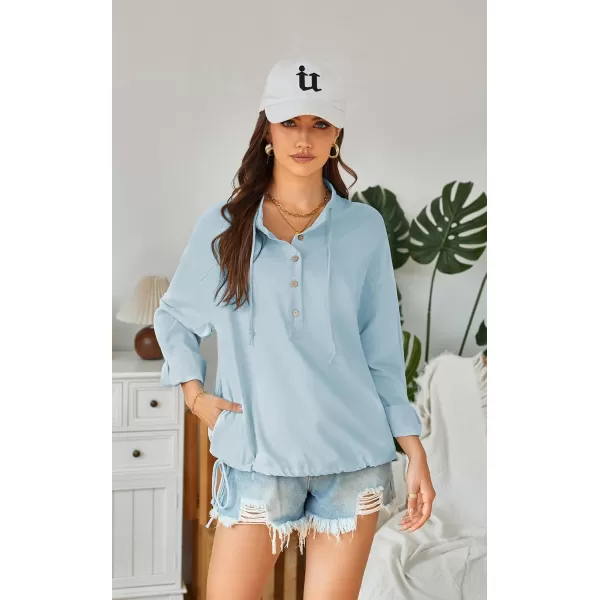 ECOWISH Women Long Sleeve Tops Casual Fall Button Down Shirts Trendy V Neck Blouses Spring Pocket Pullovers Fashion OutfitsSky Blue