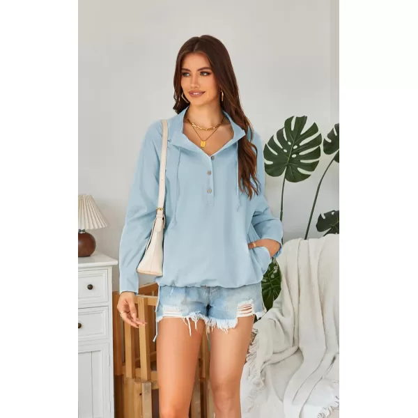 ECOWISH Women Long Sleeve Tops Casual Fall Button Down Shirts Trendy V Neck Blouses Spring Pocket Pullovers Fashion OutfitsSky Blue