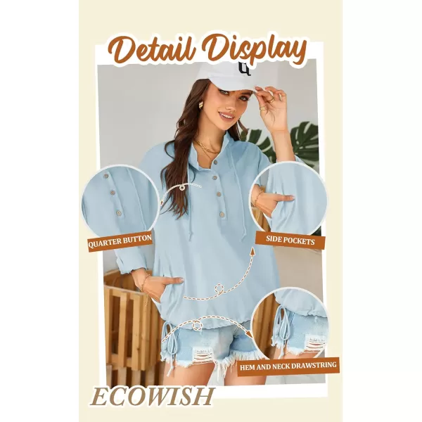 ECOWISH Women Long Sleeve Tops Casual Fall Button Down Shirts Trendy V Neck Blouses Spring Pocket Pullovers Fashion OutfitsSky Blue