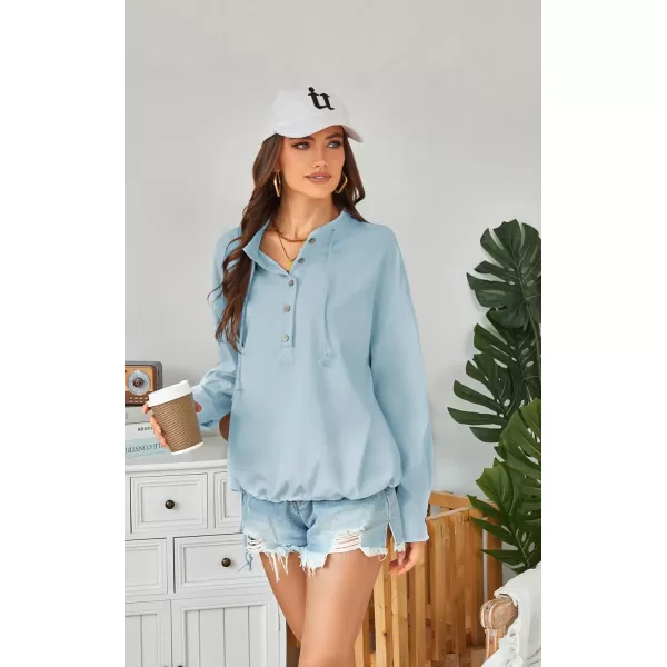 ECOWISH Women Long Sleeve Tops Casual Fall Button Down Shirts Trendy V Neck Blouses Spring Pocket Pullovers Fashion OutfitsSky Blue