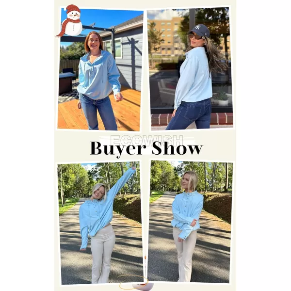 ECOWISH Women Long Sleeve Tops Casual Fall Button Down Shirts Trendy V Neck Blouses Spring Pocket Pullovers Fashion OutfitsSky Blue