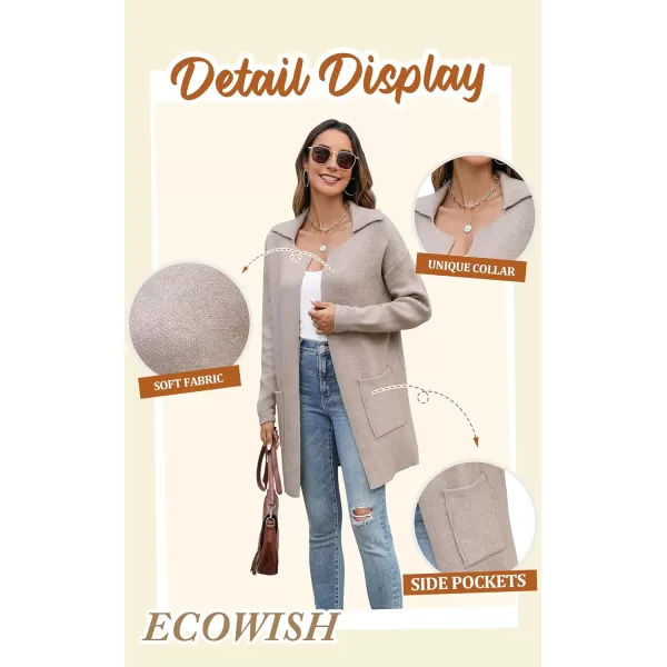 ECOWISH Women Open Front Cardigan Fall Winter Long Sleeve Collared Midi Length Knit Sweater Casual Solid Coats with Pockets410 Camel