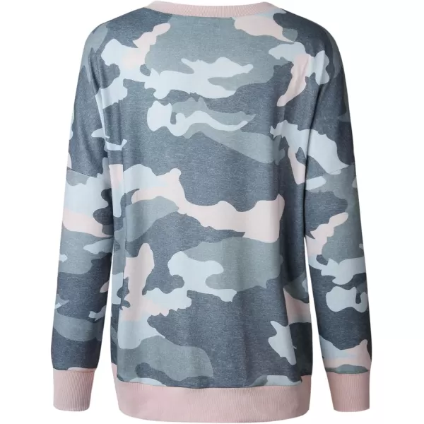 ECOWISH Women Side Split Sweatshirt Fall Crewneck Long Sleeve Oversized Camo Shirts Casual Camouflage Print Pullover Tops233 Army Green