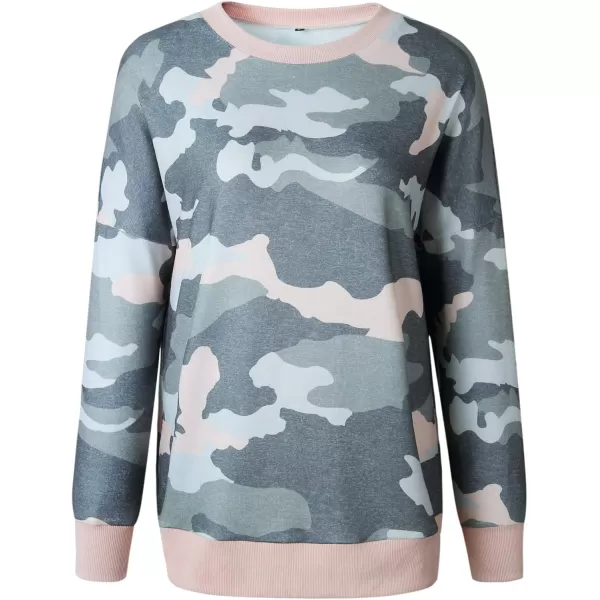 ECOWISH Women Side Split Sweatshirt Fall Crewneck Long Sleeve Oversized Camo Shirts Casual Camouflage Print Pullover Tops233 Army Green