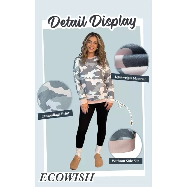 ECOWISH Women Side Split Sweatshirt Fall Crewneck Long Sleeve Oversized Camo Shirts Casual Camouflage Print Pullover Tops233 Army Green