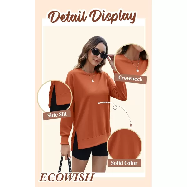 ECOWISH Women Side Split Sweatshirt Fall Crewneck Long Sleeve Oversized Camo Shirts Casual Camouflage Print Pullover Tops409 Orange Brown