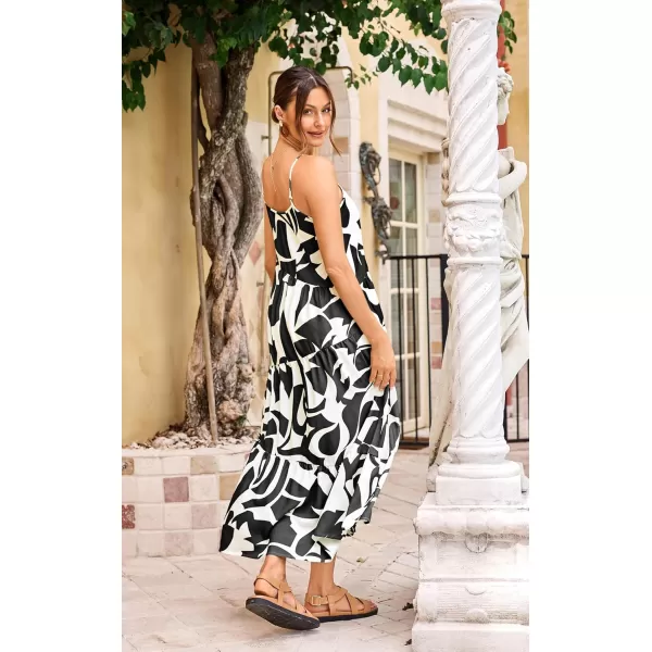 ECOWISH Women Sleeveless Maxi Dress Summer Spaghetti Strap Casual Loose Boho Beach Dress Asymmetric Tiered Flowy Long DressBlack