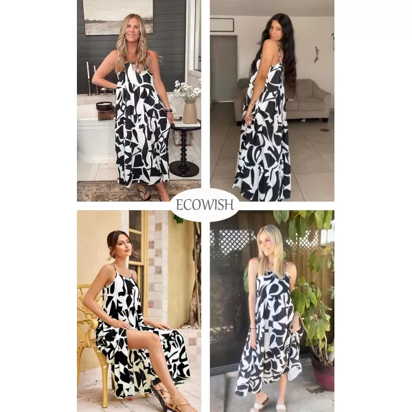 ECOWISH Women Sleeveless Maxi Dress Summer Spaghetti Strap Casual Loose Boho Beach Dress Asymmetric Tiered Flowy Long DressBlack