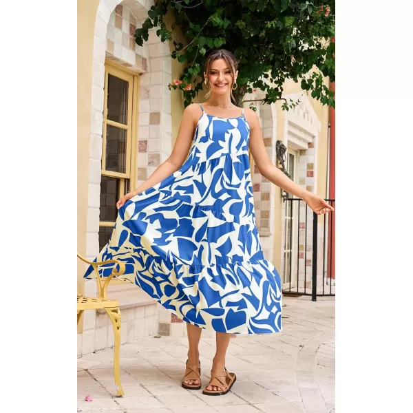 ECOWISH Women Sleeveless Maxi Dress Summer Spaghetti Strap Casual Loose Boho Beach Dress Asymmetric Tiered Flowy Long DressBlue