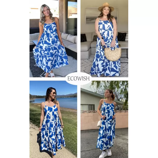 ECOWISH Women Sleeveless Maxi Dress Summer Spaghetti Strap Casual Loose Boho Beach Dress Asymmetric Tiered Flowy Long DressBlue