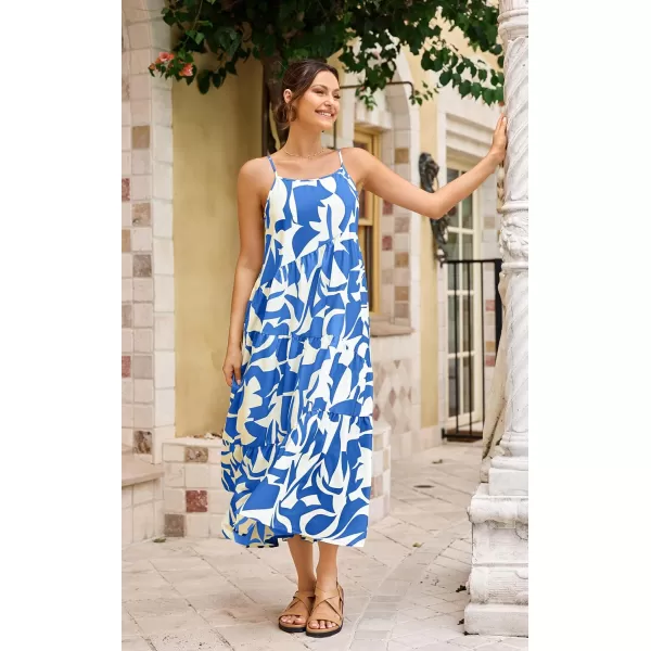 ECOWISH Women Sleeveless Maxi Dress Summer Spaghetti Strap Casual Loose Boho Beach Dress Asymmetric Tiered Flowy Long DressBlue