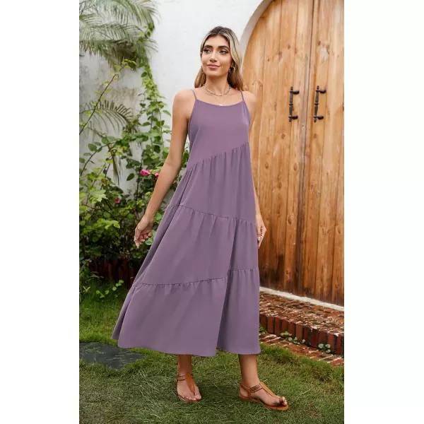 ECOWISH Women Sleeveless Maxi Dress Summer Spaghetti Strap Casual Loose Boho Beach Dress Asymmetric Tiered Flowy Long DressDark Purple