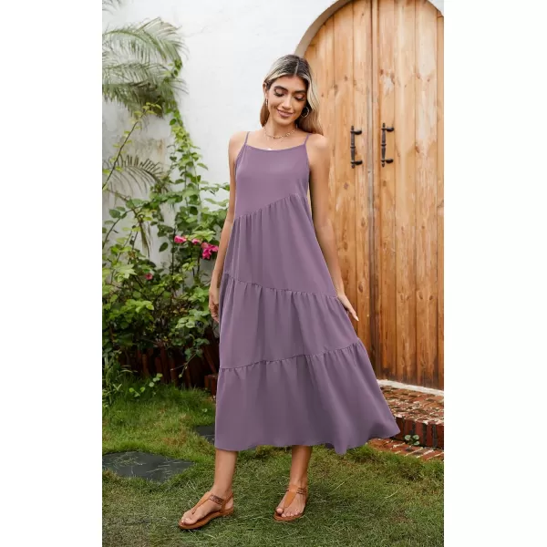 ECOWISH Women Sleeveless Maxi Dress Summer Spaghetti Strap Casual Loose Boho Beach Dress Asymmetric Tiered Flowy Long DressDark Purple