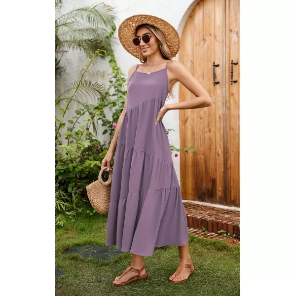 ECOWISH Women Sleeveless Maxi Dress Summer Spaghetti Strap Casual Loose Boho Beach Dress Asymmetric Tiered Flowy Long DressDark Purple