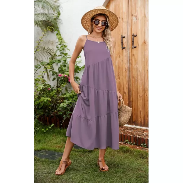 ECOWISH Women Sleeveless Maxi Dress Summer Spaghetti Strap Casual Loose Boho Beach Dress Asymmetric Tiered Flowy Long DressDark Purple