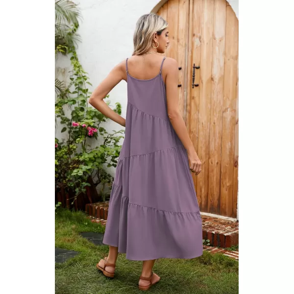 ECOWISH Women Sleeveless Maxi Dress Summer Spaghetti Strap Casual Loose Boho Beach Dress Asymmetric Tiered Flowy Long DressDark Purple