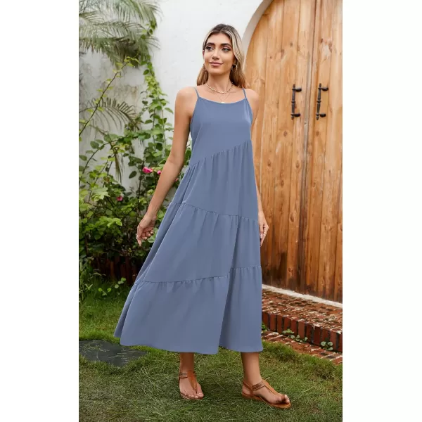 ECOWISH Women Sleeveless Maxi Dress Summer Spaghetti Strap Casual Loose Boho Beach Dress Asymmetric Tiered Flowy Long DressGray Blue