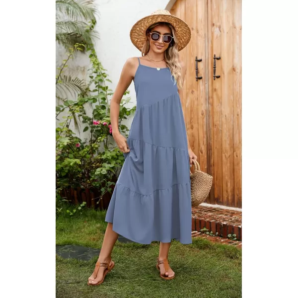 ECOWISH Women Sleeveless Maxi Dress Summer Spaghetti Strap Casual Loose Boho Beach Dress Asymmetric Tiered Flowy Long DressGray Blue