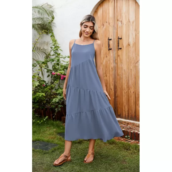 ECOWISH Women Sleeveless Maxi Dress Summer Spaghetti Strap Casual Loose Boho Beach Dress Asymmetric Tiered Flowy Long DressGray Blue