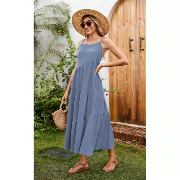 ECOWISH Women Sleeveless Maxi Dress Summer Spaghetti Strap Casual Loose Boho Beach Dress Asymmetric Tiered Flowy Long DressGray Blue