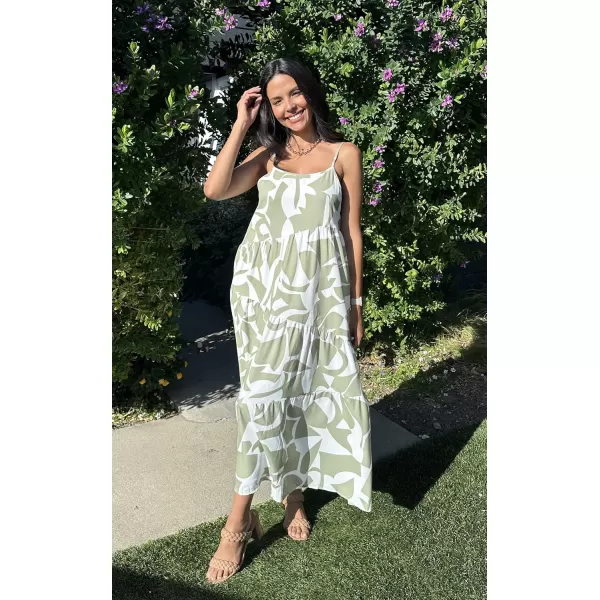 ECOWISH Women Sleeveless Maxi Dress Summer Spaghetti Strap Casual Loose Boho Beach Dress Asymmetric Tiered Flowy Long DressGreen