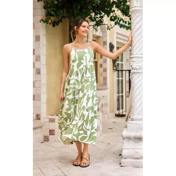 ECOWISH Women Sleeveless Maxi Dress Summer Spaghetti Strap Casual Loose Boho Beach Dress Asymmetric Tiered Flowy Long DressGreen